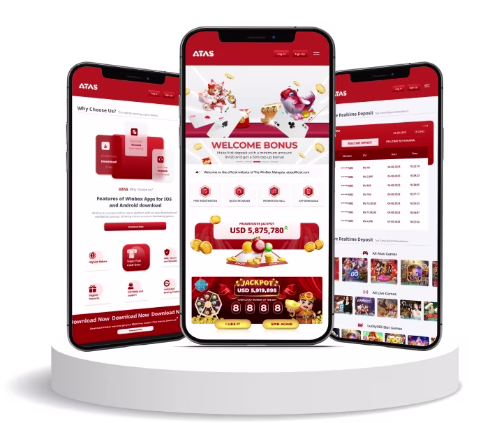 ATAS Casino mobile app showing welcome bonus and games